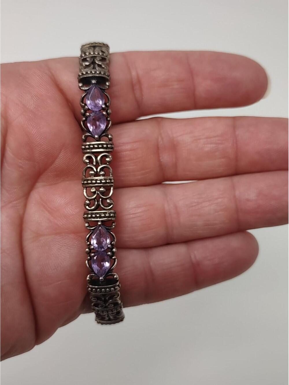 925 Sterling Amethyst Color Stone Link Bracelet 7.5"